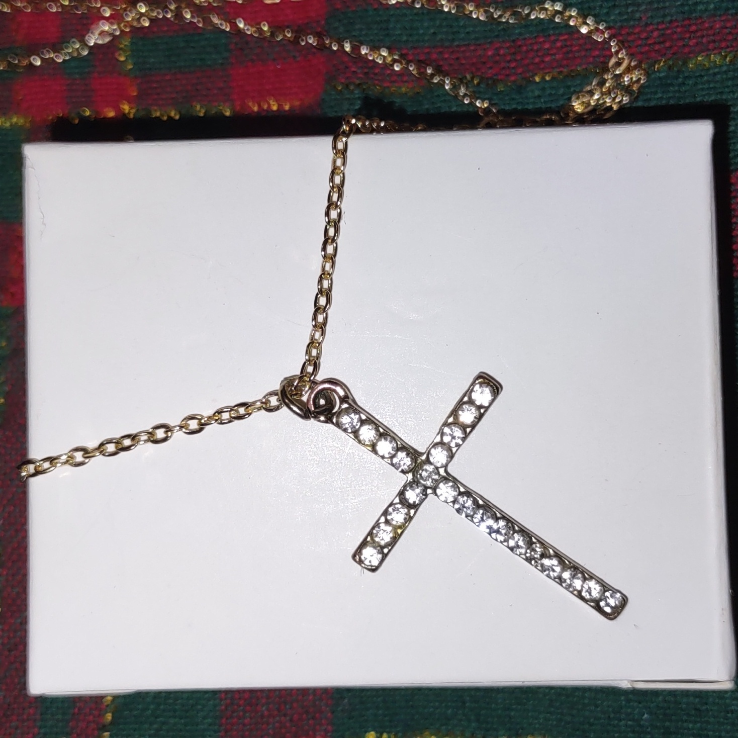 White Crystal Cross Pendant Goldtone Chain Renewed